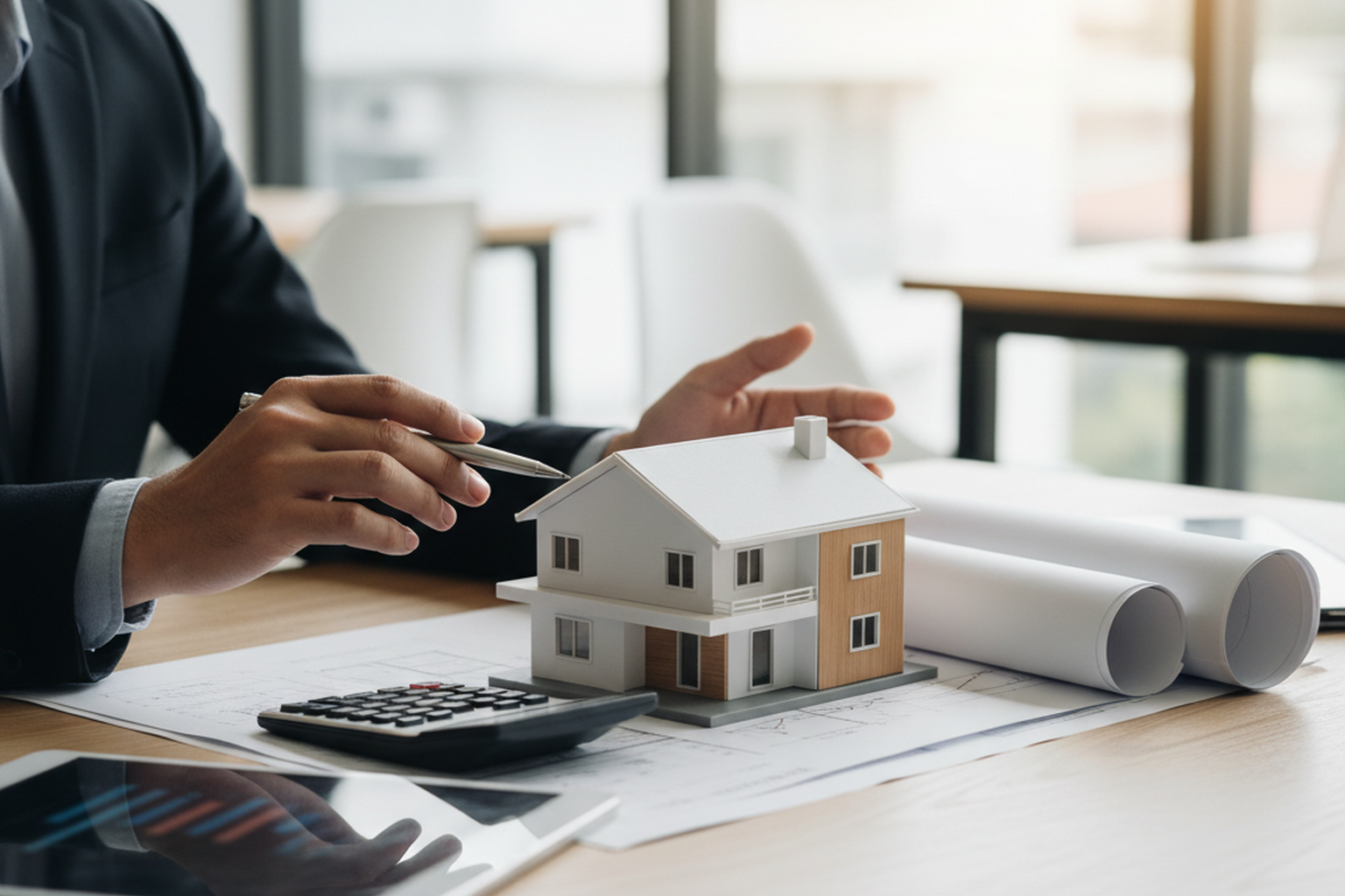 Immobilienexperte prüft Hausmodell und Unterlagen zur Wertermittlung in Bremen