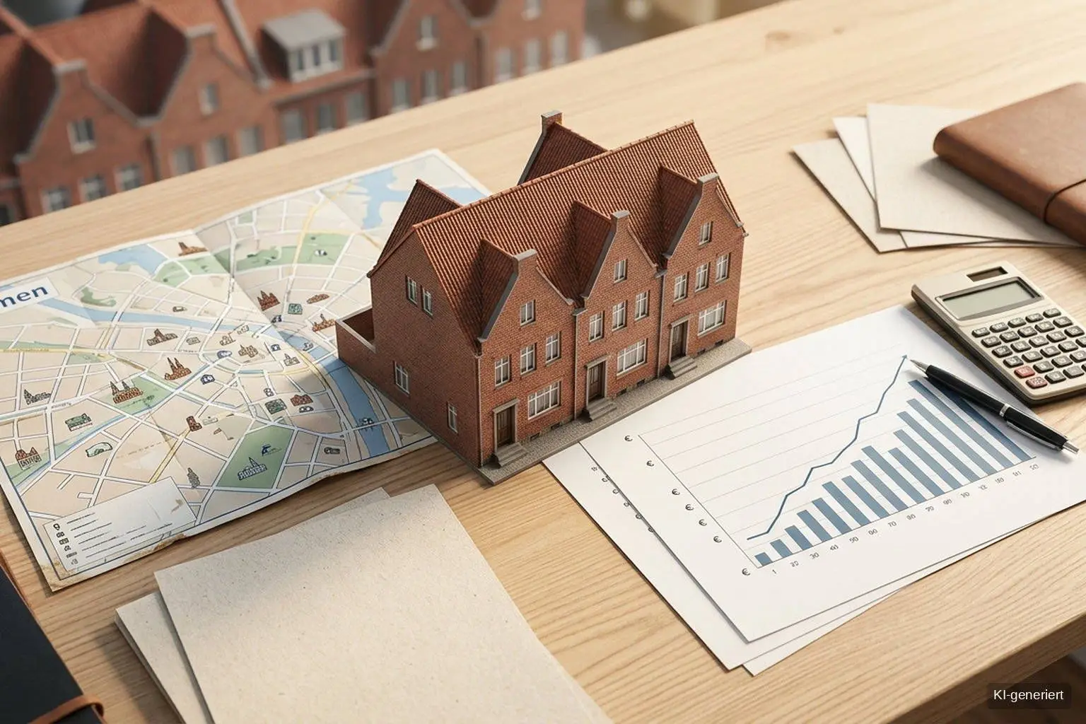 Miniaturmodell eines Bremer Backstein-Reihenhauses neben Stadtplan, Preisdiagramm und Taschenrechner als Symbolbild für Immobilienpreise in Bremen 2026