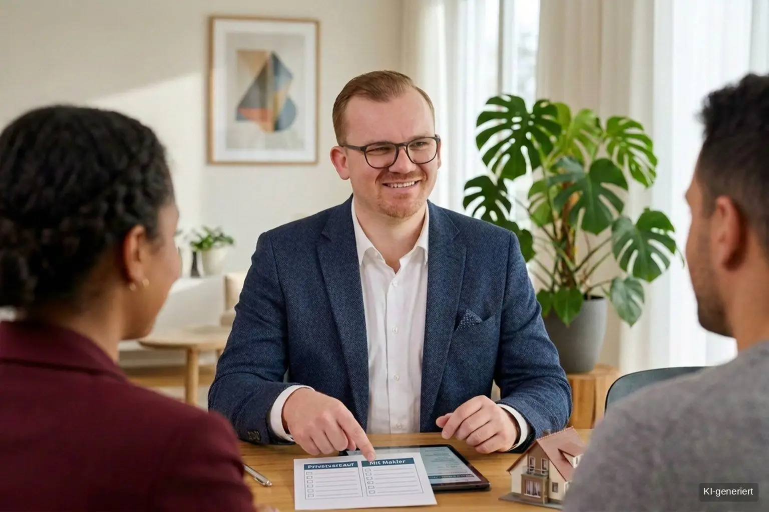 Erwin Stripling zeigt einem Paar in Bremen eine Checkliste zum Vergleich von Privatverkauf und Verkauf mit Makler
