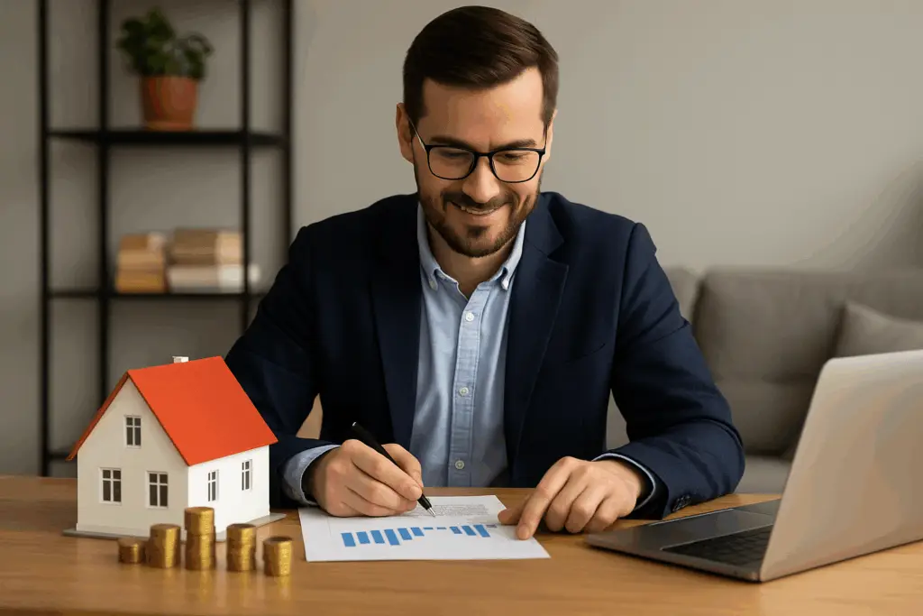 Makler prüft Unterlagen zur Immobilienanlage mit Modellhaus und Münzen auf dem Tisch