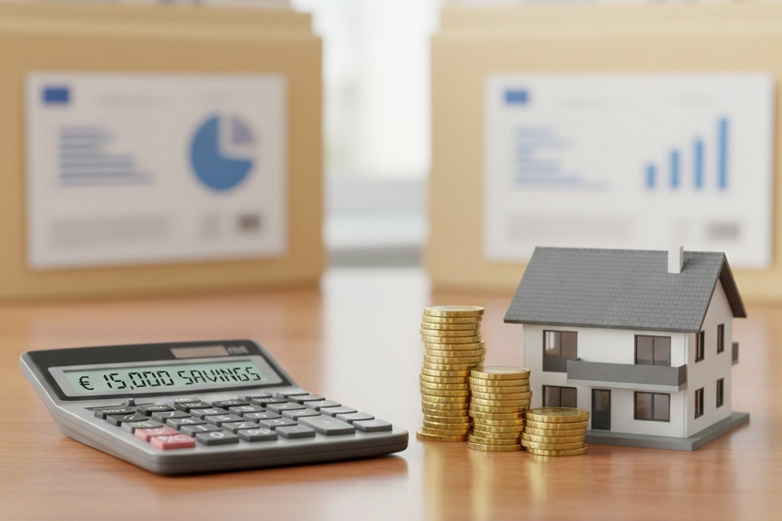 Hausmodell, Taschenrechner und Münzen symbolisieren Steuervorteile durch Immobilienbesitz