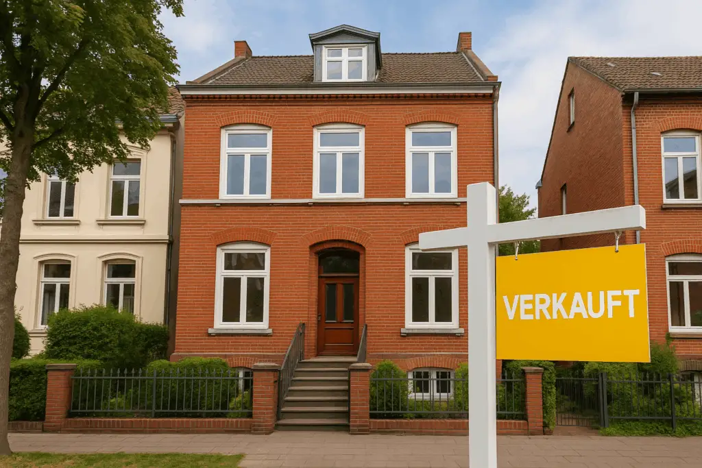 Altbremer Haus mit roter Klinkerfassade in Bremen, davor ein gelber Maklergalgen mit weißer Aufschrift „VERKAUFT“.