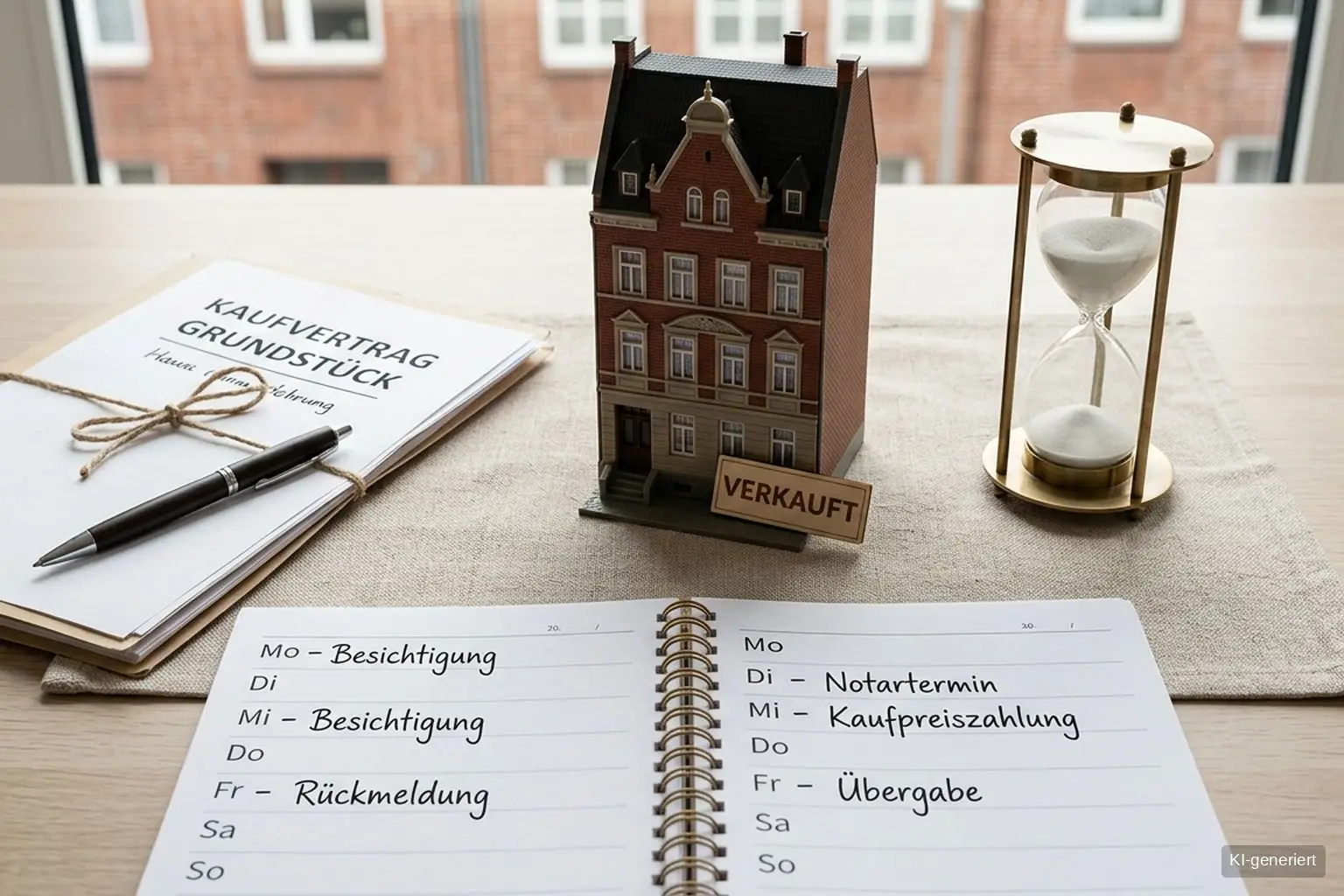 Miniaturmodell eines Bremer Backsteinhauses mit „VERKAUFT"-Schild, Sanduhr und Wochenkalender mit Besichtigung, Notartermin, Kaufpreiszahlung und Übergabe als Symbolbild für die Dauer eines Hausverkaufs in Bremen