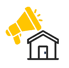 Gelbes Megafon neben einem Haus als Symbol für Immobilienmarketing