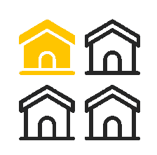 Vier stilisierte Häuser, eines in Gelb hervorgehoben, als Symbol für Immobilienauswahl im Netzwerk