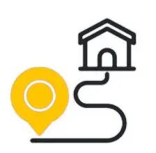 Gelber Standortmarker mit Weg zu einem Haus als Symbol für den Immobilienmakler vor Ort