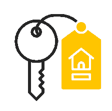Schlüssel mit gelbem Anhänger und Haus-Symbol als Zeichen für Immobilienübergabe