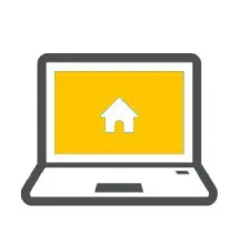 Laptop mit gelbem Bildschirm und weißem Haus-Symbol als Zeichen für Online-Immobiliensuche