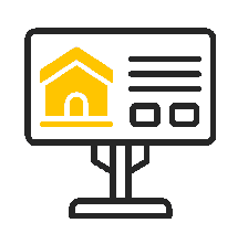 Monitor mit Haus-Symbol und Textbausteinen als Zeichen für professionelle Immobilienvermarktung