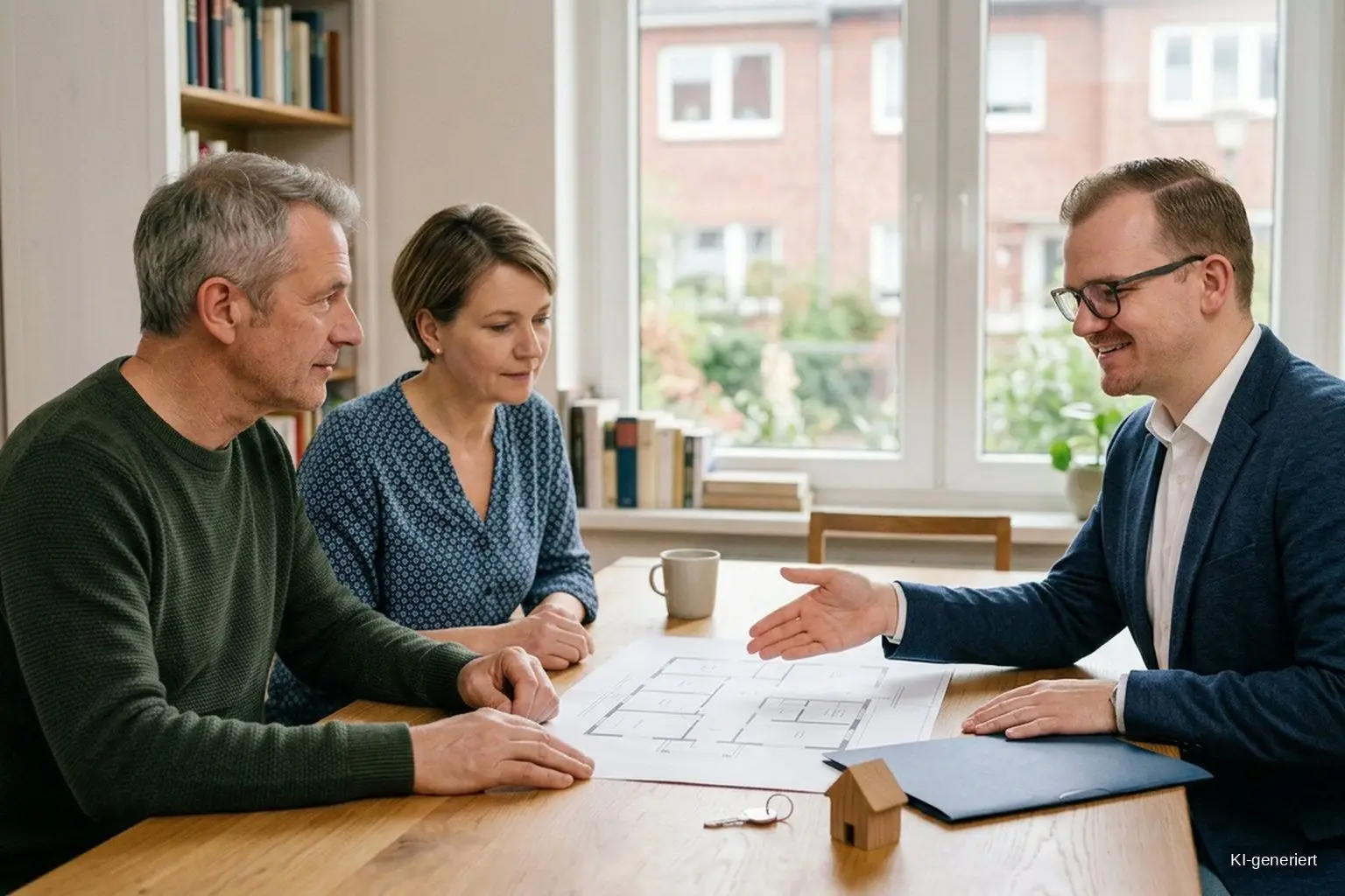 Erwin Stripling berät ein Ehepaar zum Ablauf eines Immobilienverkaufs in Bremen anhand eines Grundrissplans