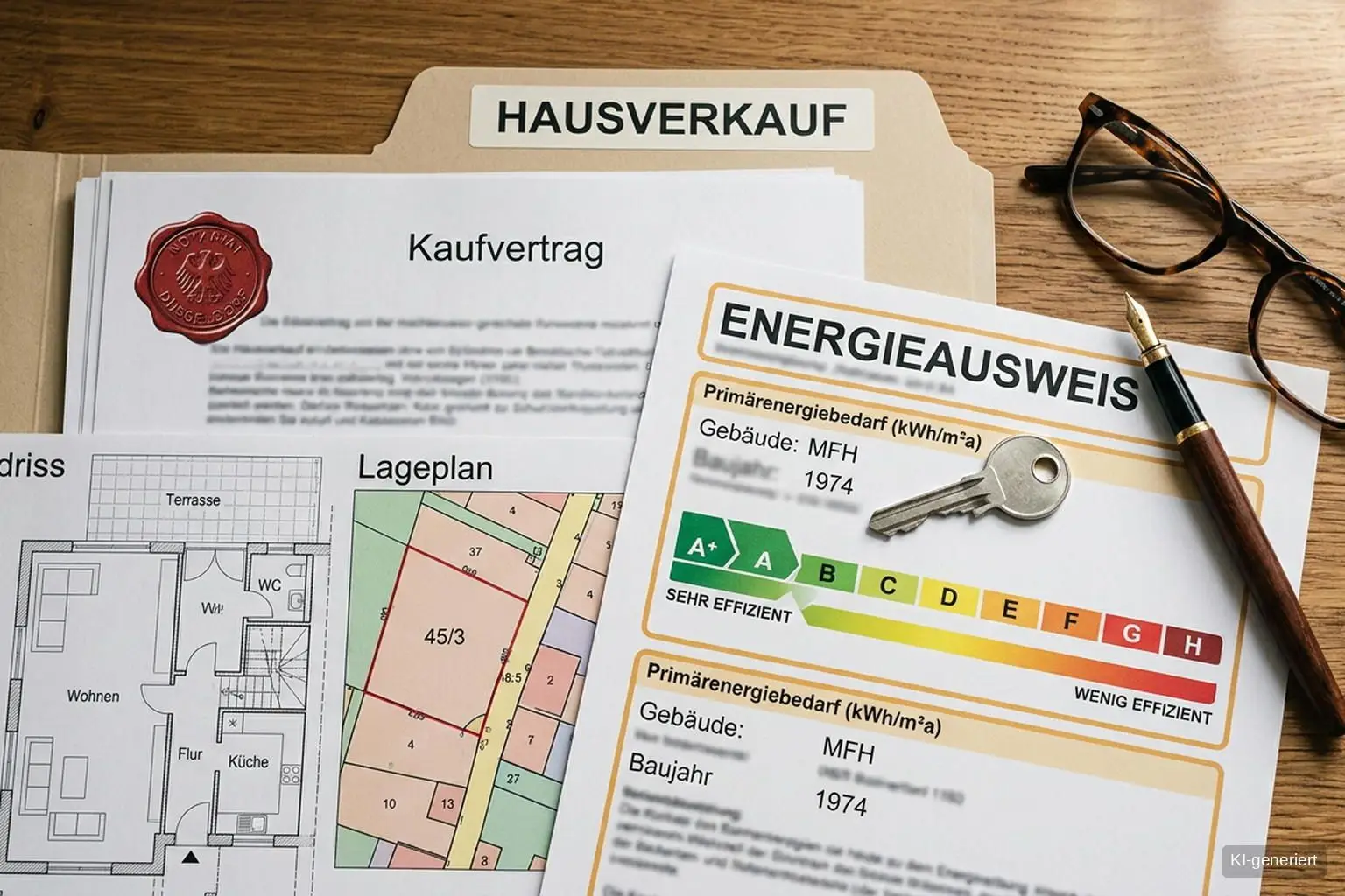 Ordner „Hausverkauf" mit Kaufvertrag, Energieausweis, Grundriss und Lageplan als Symbolbild für die Unterlagen beim Hausverkauf in Bremen
