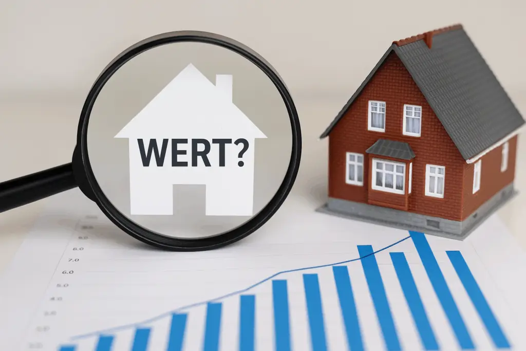 Immobilienbewertung Bremen – Lupe zeigt Wert-Schriftzug neben Hausmodell und Marktstatistiken