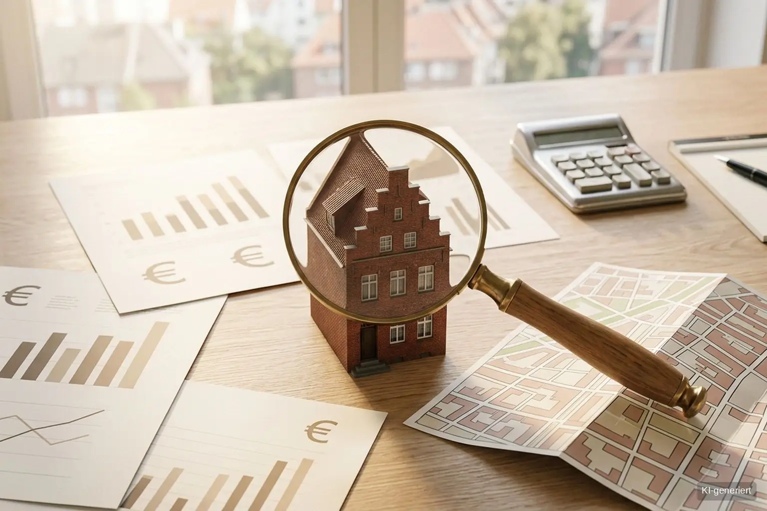 Lupe über einem Miniaturmodell eines Bremer Backsteinhauses neben Marktdaten, Stadtplan und Taschenrechner als Symbolbild für die Immobilienbewertung in Bremen