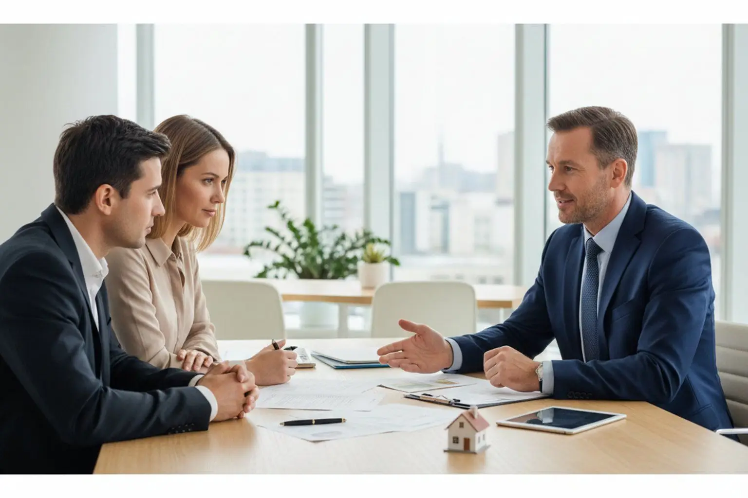 Kompetenter Immobilienmakler von Stripling Immobilien berät ein Paar in Bremen am Schreibtisch zum Ablauf des Immobilienverkaufs.