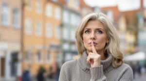 Frau überlegt nachdenklich bei der Auswahl des richtigen Immobilienmaklers in Bremen vor historischer Architektur