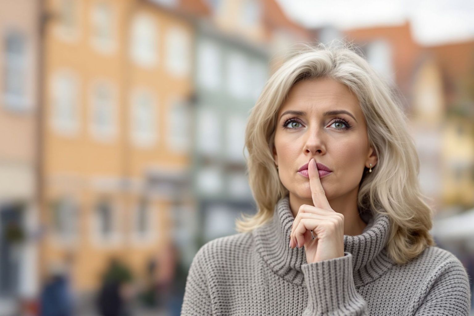 Frau überlegt nachdenklich bei der Auswahl des richtigen Immobilienmaklers in Bremen vor historischer Architektur