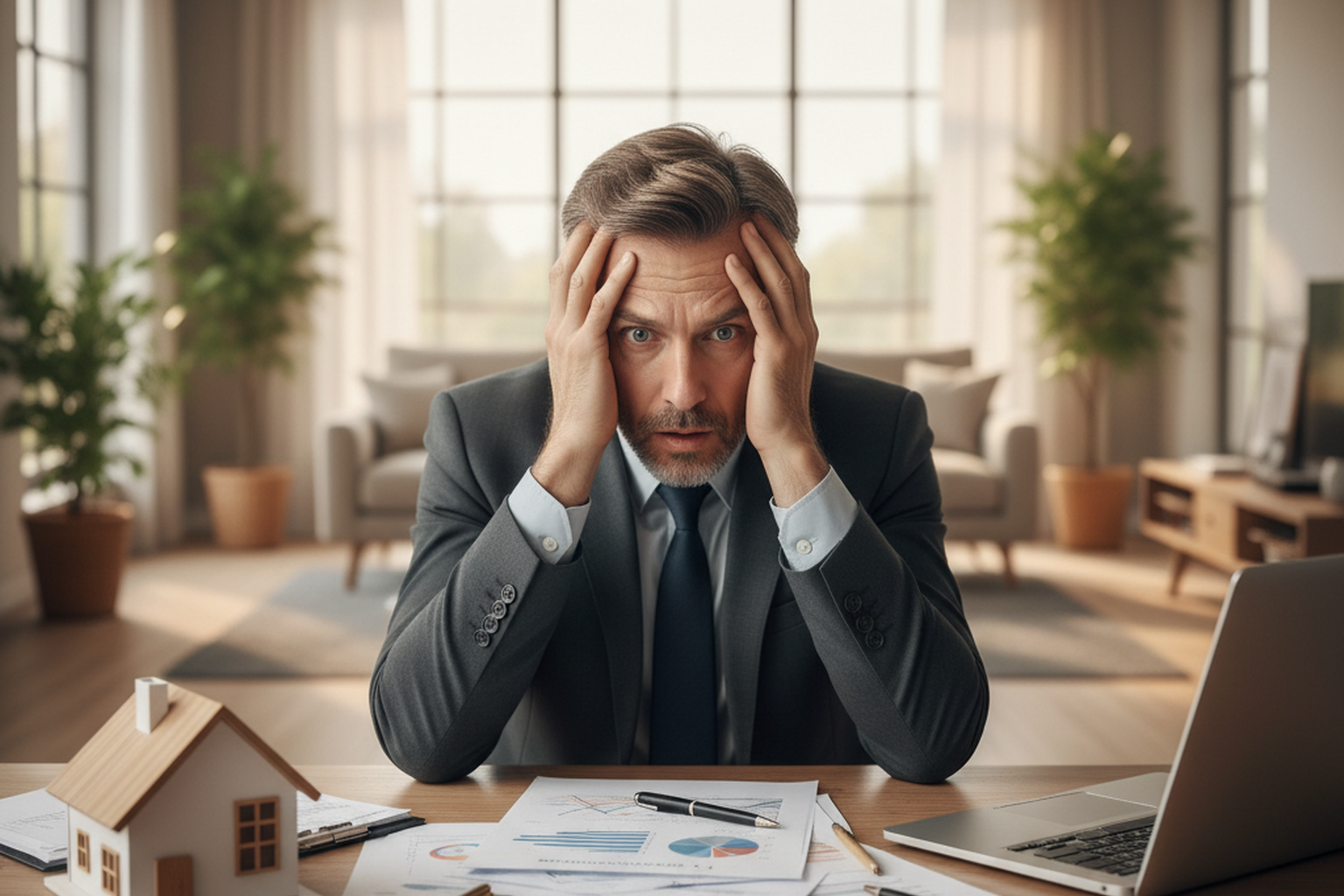 Frustrierter Eigentümer am Schreibtisch symbolisiert typische Fehler beim Immobilienverkauf in Bremen