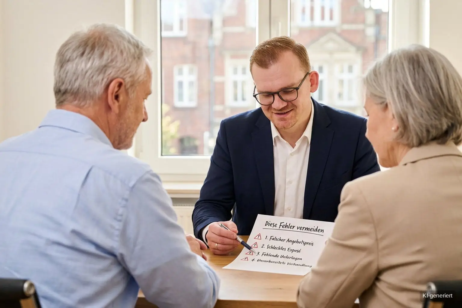 Immobilienmakler in Bremen bespricht mit einem älteren Ehepaar am Schreibtisch die häufigsten Fehler beim Immobilienverkauf anhand einer handschriftlichen Checkliste