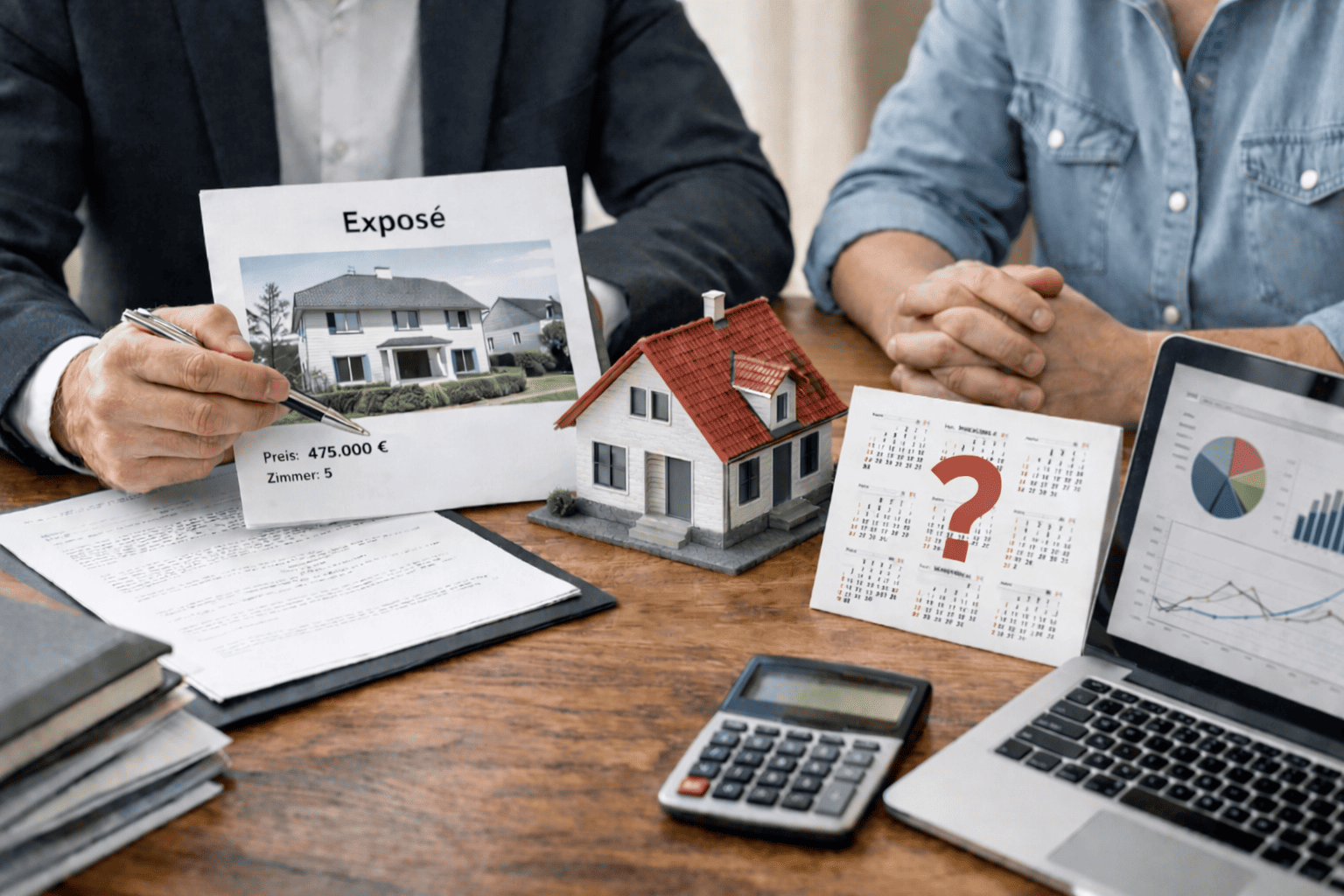Ein Immobilienmakler und ein Kunde sitzen an einem Tisch um den richtigen Zeitpunkt zum Verkauf zu finden.