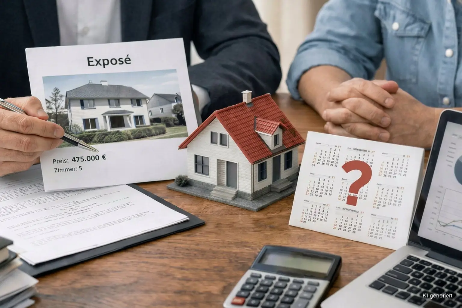 Immobilienmakler und Eigentümer besprechen anhand von Exposé, Hausmodell, Kalender mit Fragezeichen und Finanzkennzahlen den richtigen Zeitpunkt für den Hausverkauf in Bremen