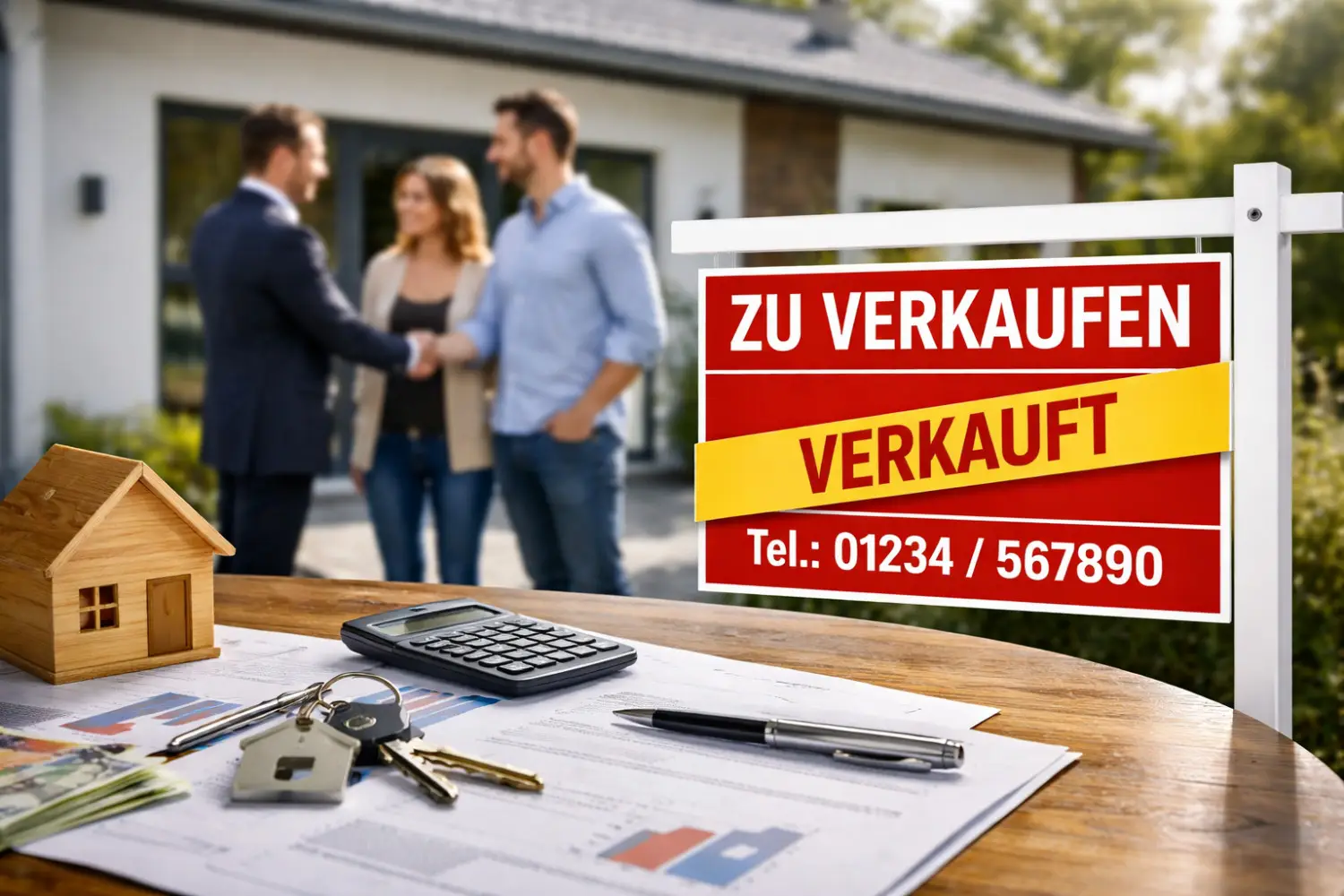 Im Hintergrund stehen drei Personen vor einem Haus. Davor steht ein Schild mit der Aufschrift "verkauft" - KI-generiert