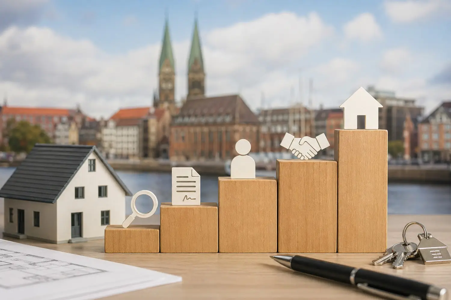 Bremer Innenstadt im Hintergrund, davor Holzklötze, die die Schitte im immobilienverkauf symbolisieren - KI-generiert