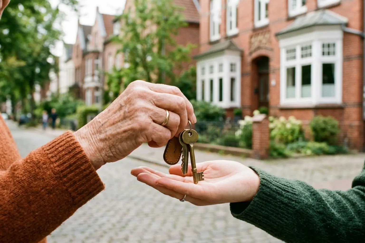 Schlüsselübergabe einer geerbten Immobilie in Bremen zwischen zwei Generationen vor einem Altbremer Haus