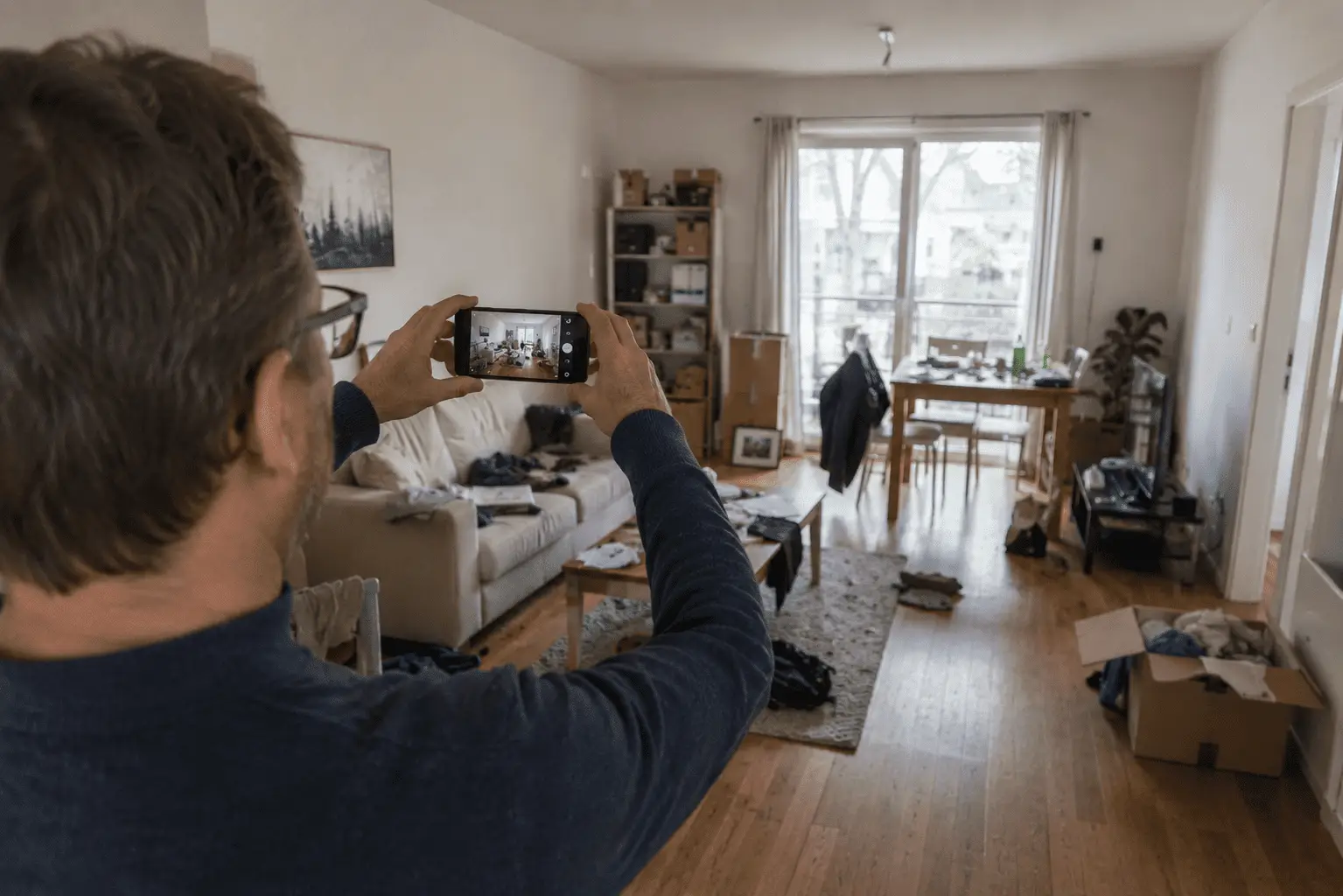 Ein Mann fotografiert seine Immobilie_Mit Makler oder privat verkaufen_KI-generiert