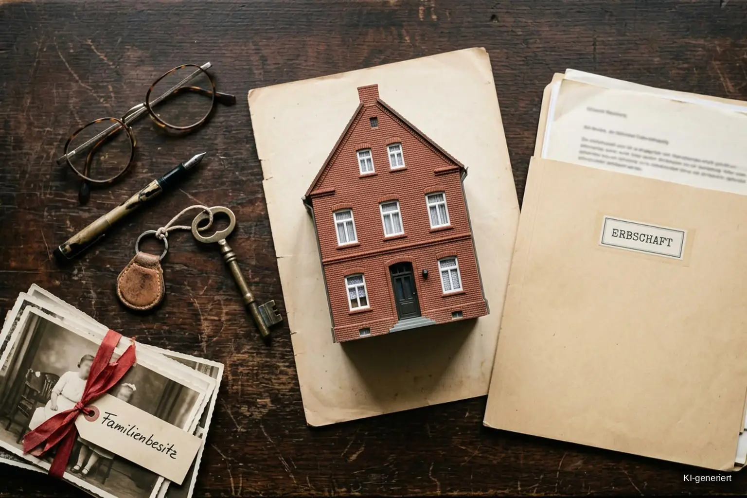 Hausmodell, antiker Schlüssel, Ordner „Erbschaft" und altes Familienfoto mit Etikett „Familienbesitz" als Symbolbild für eine geerbte Immobilie in Bremen