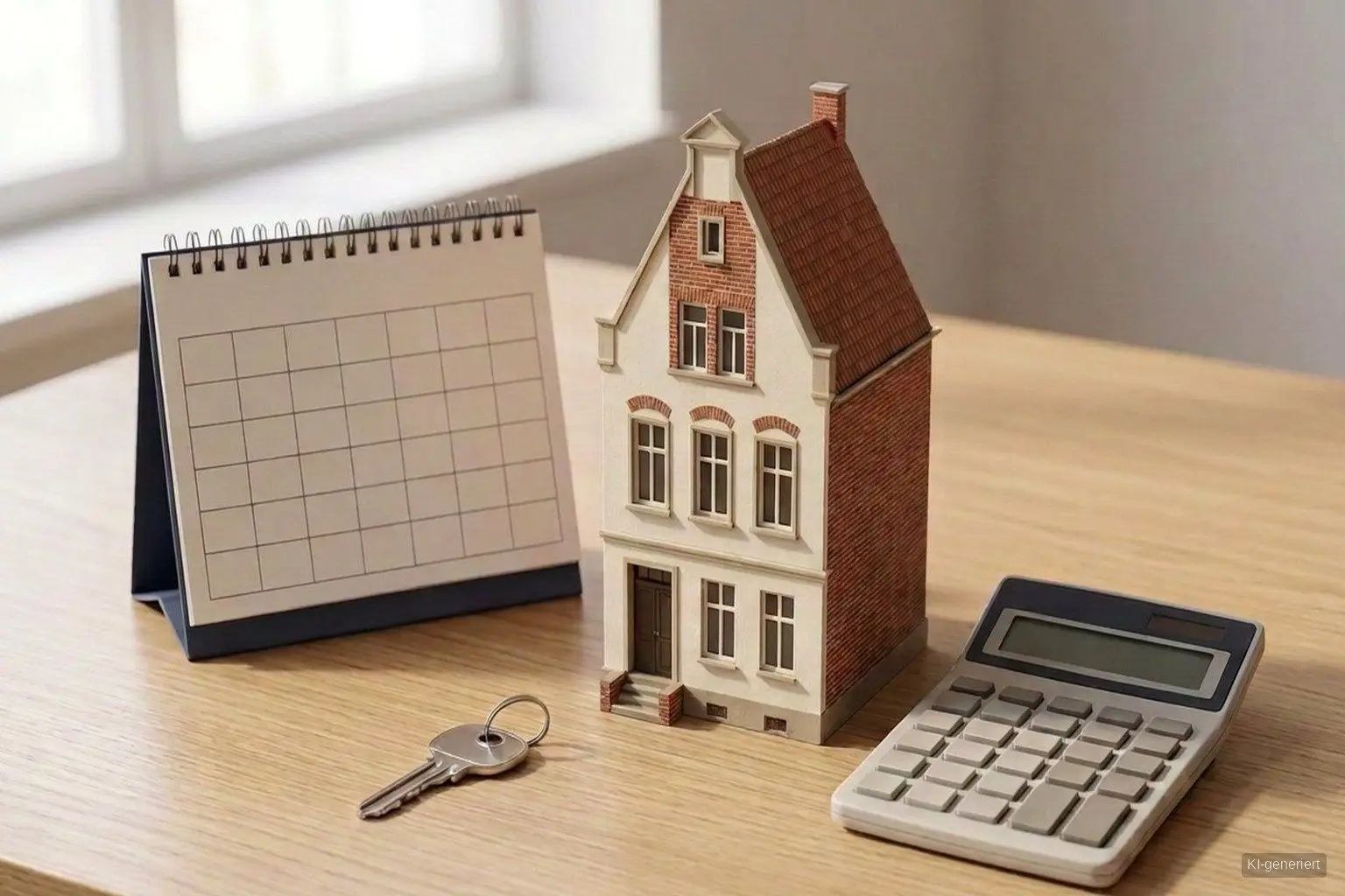 Hausmodell mit Kalender, Schlüssel und Taschenrechner als Symbol für die Spekulationssteuer beim Immobilienverkauf in Bremen.