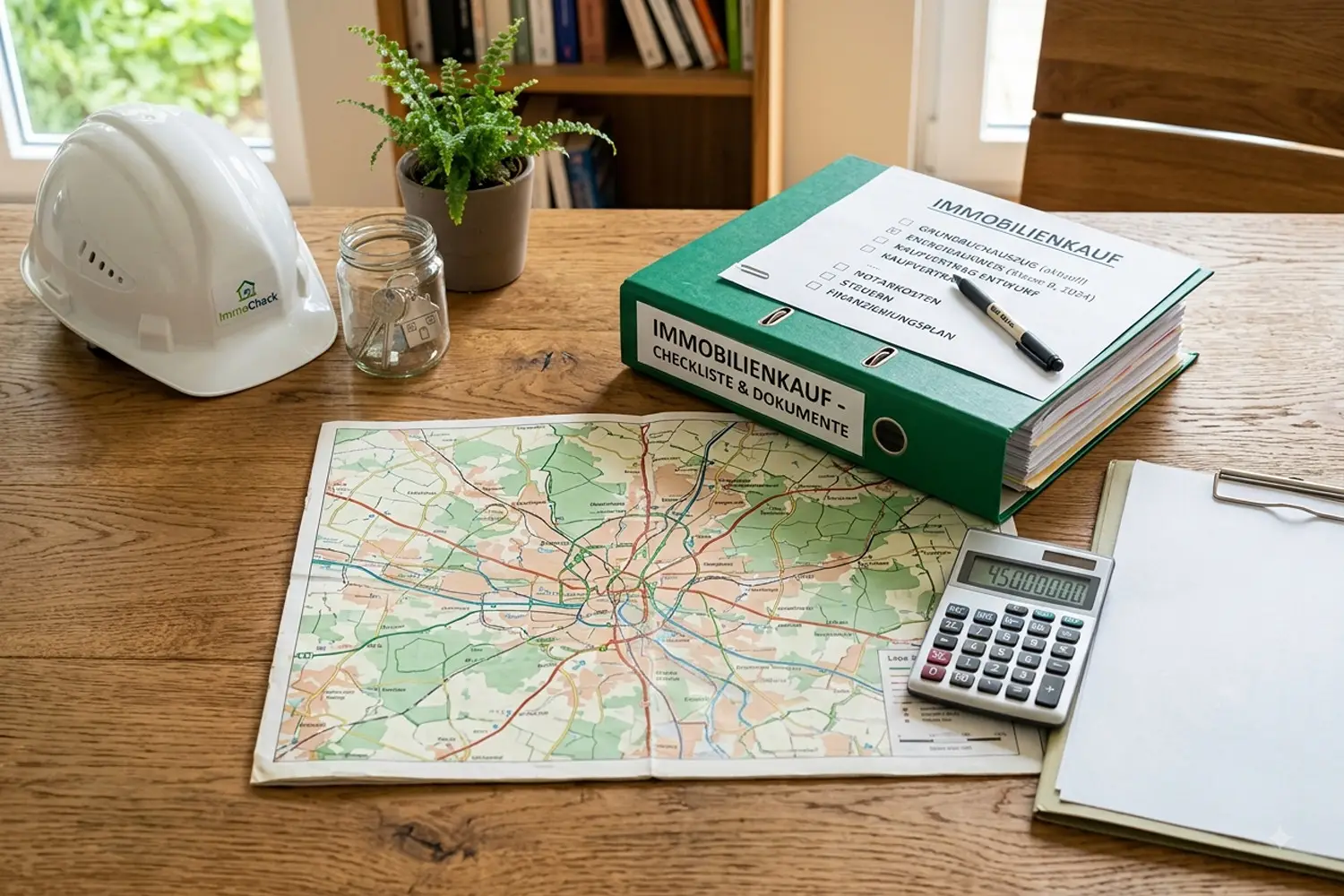 Stadtplan und wichtige Unterlagen, um eine Immobilie zu kaufen – KI-generiert