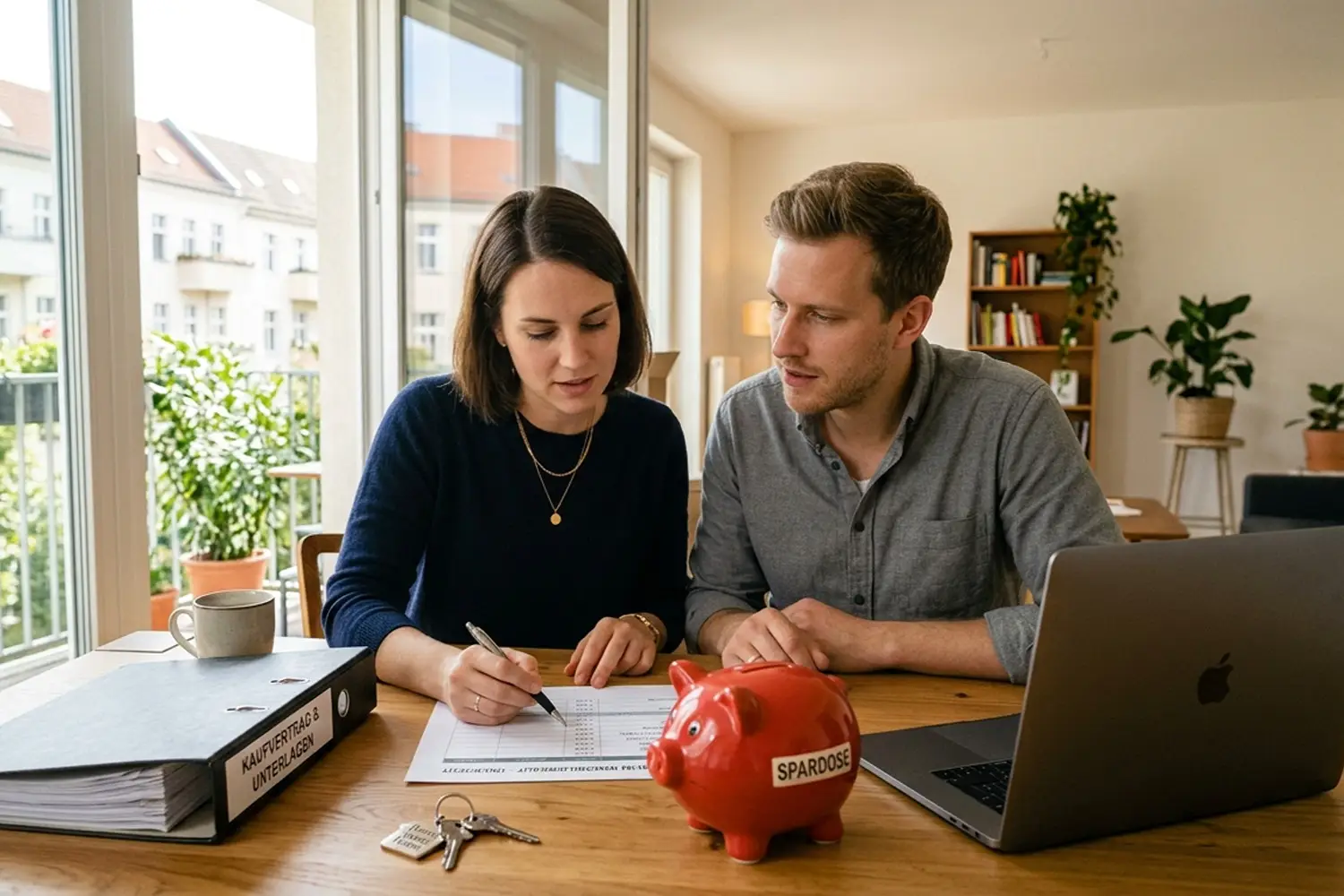 Ein Mann und eine Frau sitzen an einem Tisch und berechnen die Nebenkosten für den Immobilienkauf